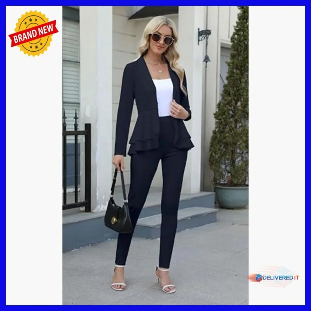 Long Sleeve Blazer and Pants Set, Slim Fit, Cotton Blend, Business Casual
